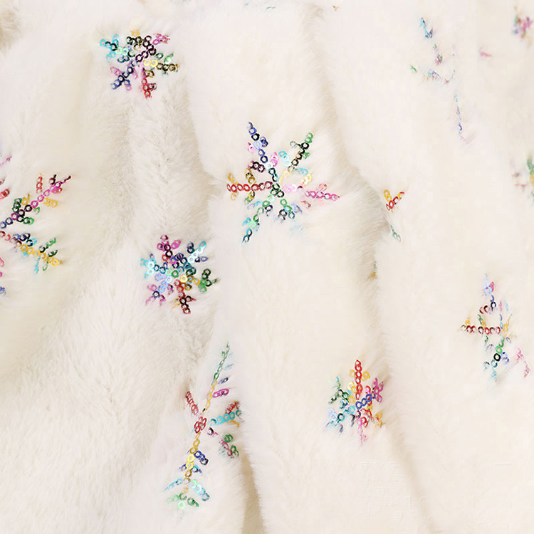 Embroidered Beads Snowflake Faux Fur Fabric